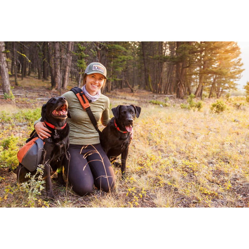 A woman kneeling in a field with her arms around her two black labs.
